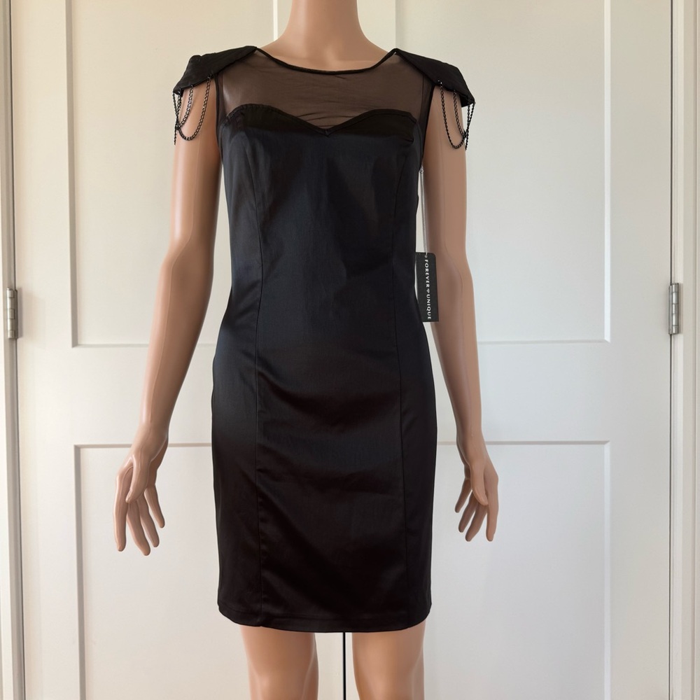 Forever Unique Black Satin Cap Sleeve Chain Mesh Mini Dress 2 4 UK8